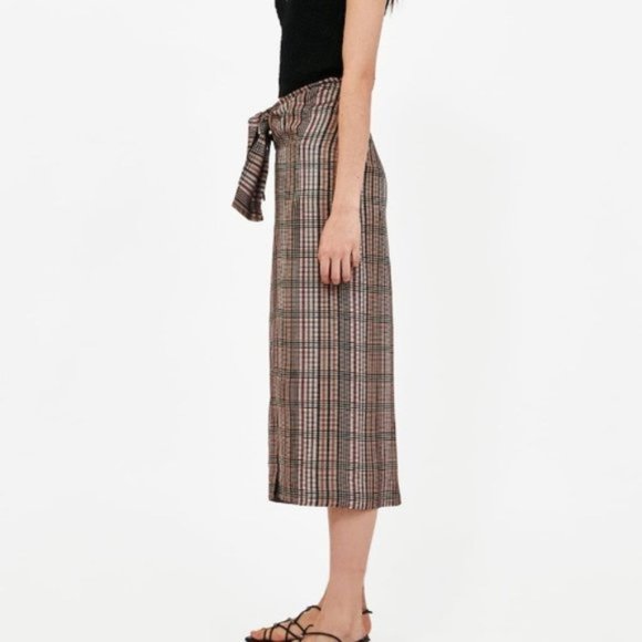 BNWT Zara Plaid Tie-Front Midi Skirt SIZE L - Picture 4 of 14